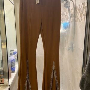 Brown Flared Pants with Rhinestone Detail